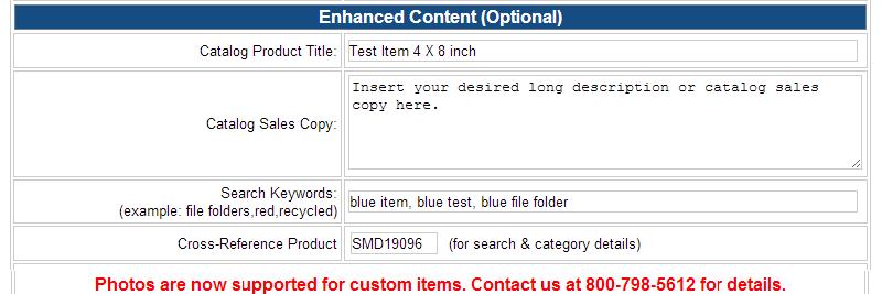 Add or Edit a Custom Item: On the custom item main page, click the Add a Custom Product button to go to the Custom Item Detail page and fill out the information pictured or as specified below.