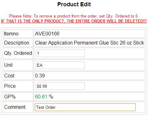 Edit an Item on an Order To change an existing item on a customer order, next to the item listed on the detail page, click the Edit button. A new window will appear.