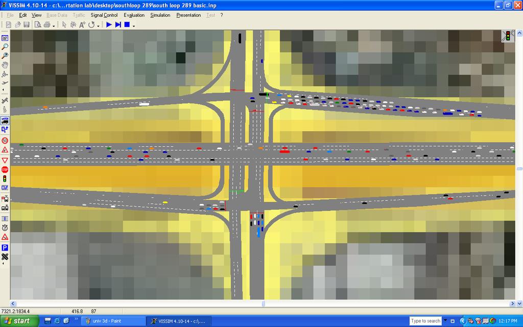 Figure 4 Snapshot of simulation at University Avenue Network Modeling As described in the previous section, the relevant features of the test site were coded in the background image downloaded from
