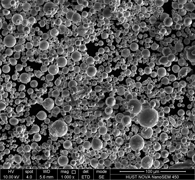 Fig. 1. SEM images of powder material Al7050 alloy A layer thickness of 0.02mm, a laser power of 197W and a hatch distance of 0.1mm were used in producing the specimens.