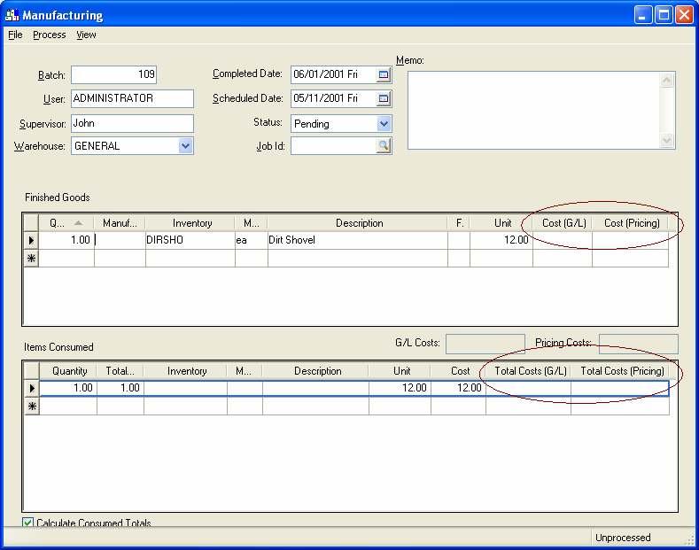 Creating a Batch When the first option is selected, the Costs (G/L) columns found within the manufacturing batch screen will only include the value of track count items (items classified as Track