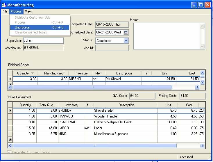 Eagle Business Management System - Manufacturing Unprocessing a Batch If a manufacturing batch is voided or unprocessed, negative transactions are posted to the general ledger to void the