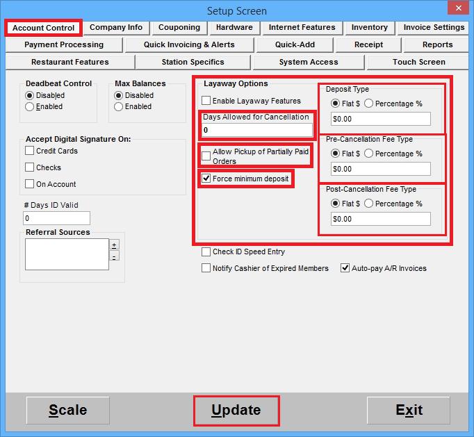 Setup Deposit Invoices (Options) 1. Select the Manager or Options button. 2. Enter the administrator password (default: admin) where applicable. 3. Select Setup then Setup Screen. 4.
