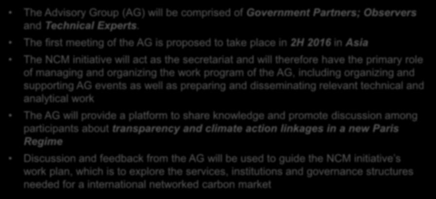 program of the AG, including organizing and supporting AG events as well as preparing and disseminating relevant technical and analytical work The AG will provide a platform to share knowledge and
