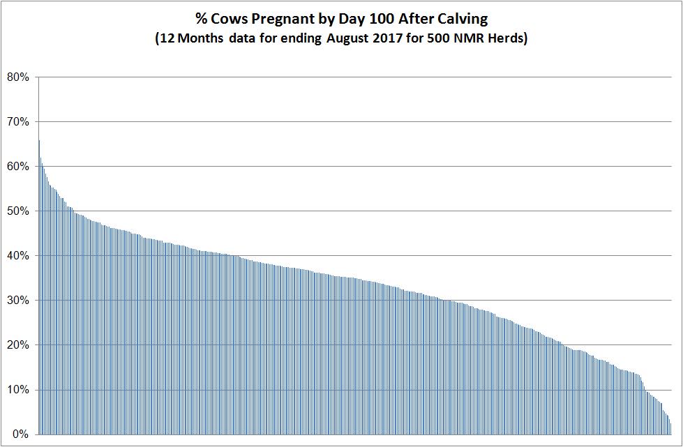 Percentage conceived 100 days after calving: The percentage of calving cows that had conceived within 100