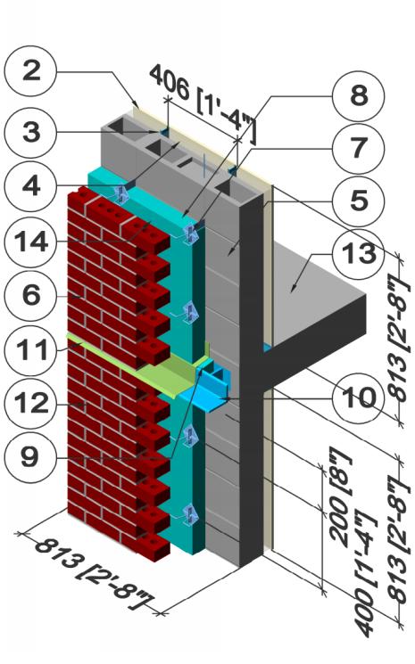 Thermal Performance of Building Envelope Details for Mid-Rise and High-Rise Buildings (1365-RP) Detail 36 Exterior Insulated Concrete Block Wall Assembly with Spaced Shelf Angle & Brick Ties