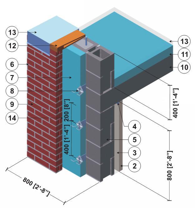 Thermal Performance of Building Envelope Details for Mid-Rise and High-Rise Buildings (1365-RP) Detail 37 Exterior Insulated Concrete Block Wall Assembly with Masonry Ties Supporting Brick Veneer
