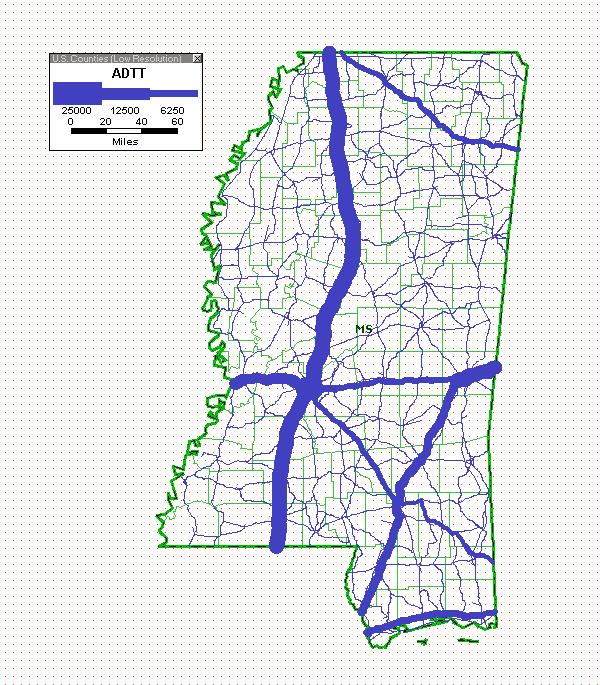 Figure 4-15 Average Daily Truck Traffic (ADTT) in the State of Mississippi The validation procedure is as follows: 1.