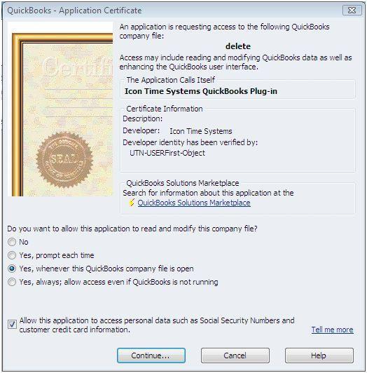 Application Certificate Screen 6. When the Access Confirmation window appears, Figure 2, select Done to allow the time clock to access the QuickBooks database.