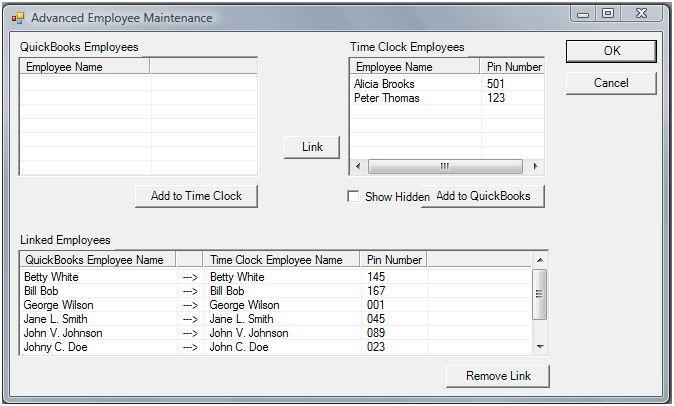 QuickBooks Employees is a list of employees in QuickBooks that have not been linked with the time clock Linked Employees is a list of employees that have been linked between the time clock and