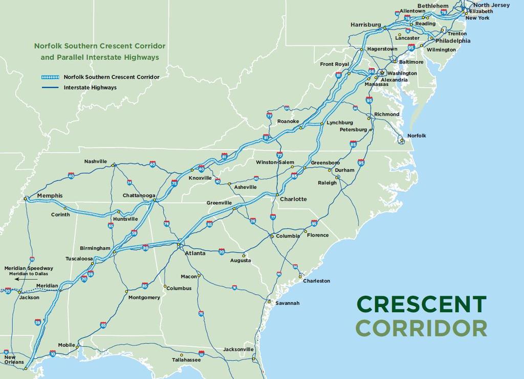 Past, Present & Crescent Norfolk Southern s Crescent Corridor 2010 CRESCENT CORRIDOR AT A GLANCE Existing 2,500 mile intermodal rail network from New Jersey to Louisiana parallel to interstate