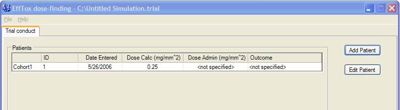 The Patient ID and Date entered are not used in the EffTox calculations but are there for convenience. The patient then appears in a grid and the recommended dose is given in the Dose Calc column, 0.