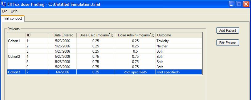 Once the dose is selected, click OK. To record a patient s outcomes, select that patient s row and again click the Edit Patient button.
