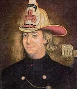 Depiction of Benjamin Franklin, advocate of the volunteer fire service Founder of the Union Fire Company in Philadelphia, Pennsylvania,
