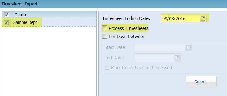 a. Navigate to the Accounting/Import Export menu b. Click Timesheets under the Exports section c. Select the following: i.