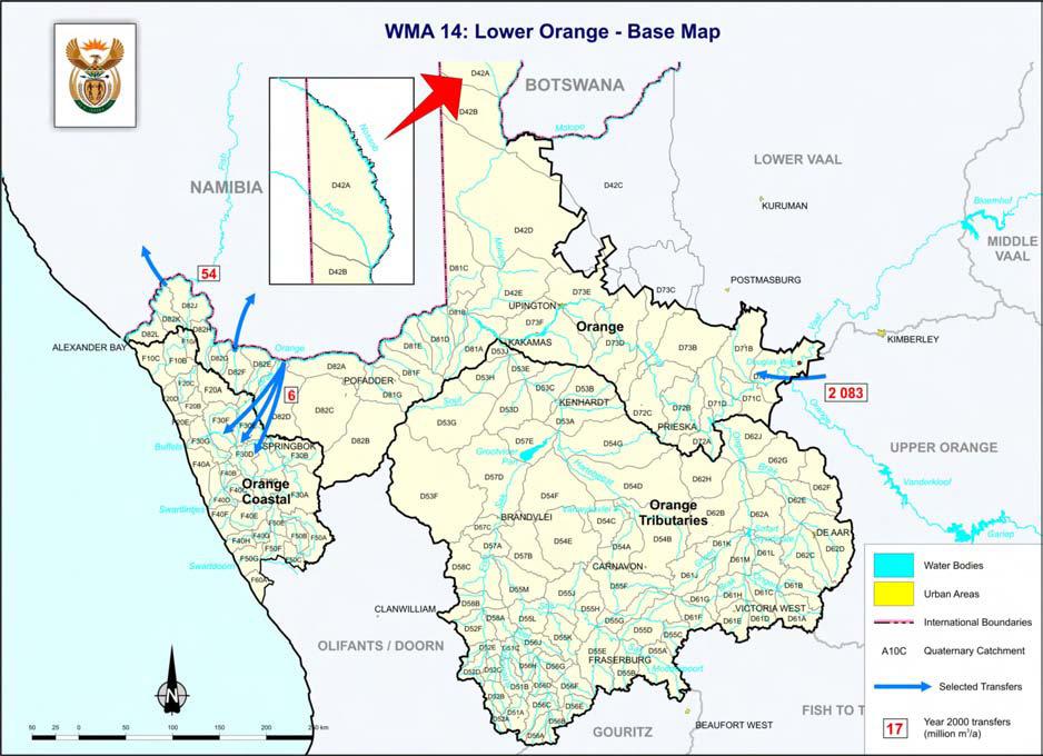 Figure 10: The Lower Orange Water Management Area and associated water transfers in and out of the Catchment Management Area (DWAF, 2004) 1.