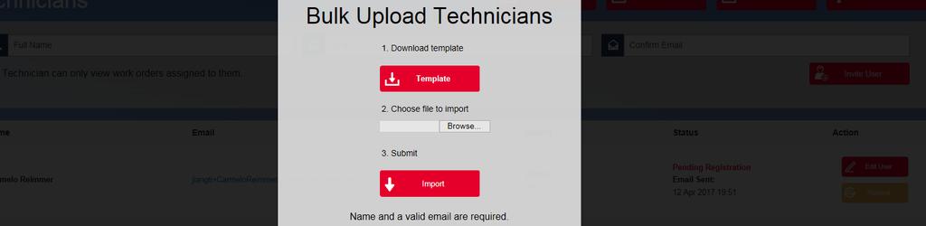 csv file required to fill in technician information.