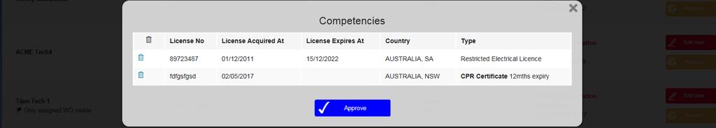 To conduct the review, simply click on Review to review the compentencies the technician has uploaded If the compentencies are correct, click approved. Now the technician can be assigned work orders.