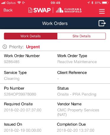 If you have no work orders assigned to you this view will be blank. Work Details You can now view the work order details including the Priority allocated to the job.