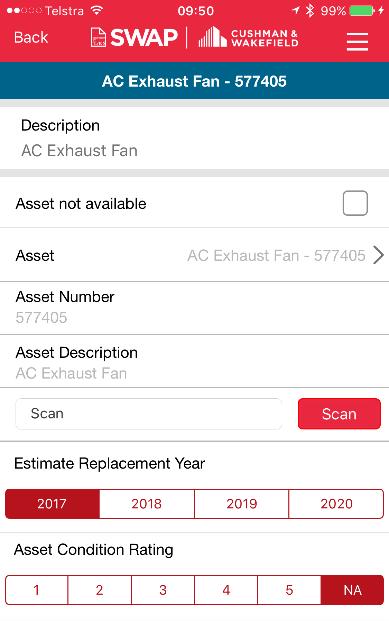 Check box if asset is not available, and you cannot complete the form Scan QR code or barcode on the asset Select the estimated replacement year