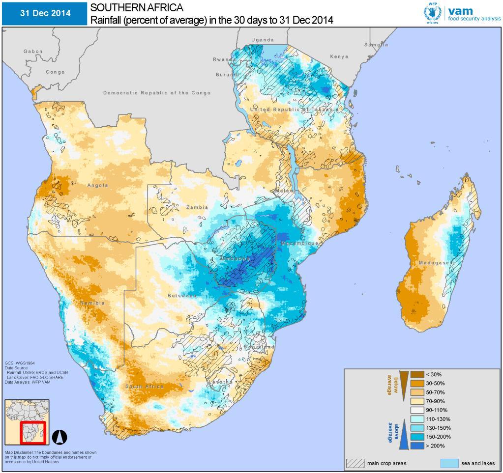 SOUTHERN AFRICA SEASONAL ANALYSIS 2014/2015 December 2014 rainfall as a percent of a 20 year average (left).