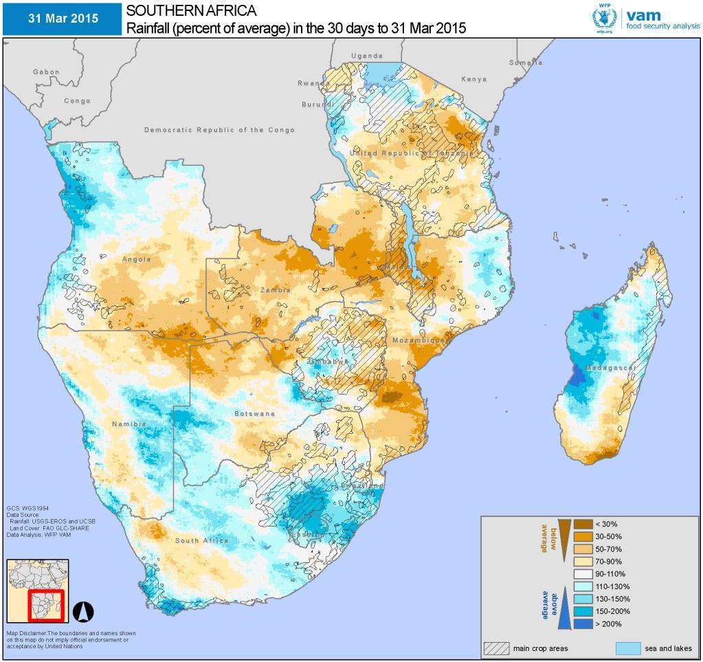SOUTHERN AFRICA SEASONAL ANALYSIS 2014/2015 March 2015 rainfall as a percent of a 20 year average (left).