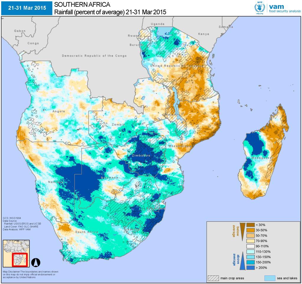 SOUTHERN AFRICA: CORE SEASON 2014/2015 March: Dryness continues, later rains too little, too late Left: February 20 th to March 20 th 2015 rainfall compared to average Right: March 21 st -30th 2015
