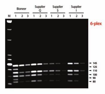 a) 10-plex multiplex PCR b) 20-plex multiplex PCR Lane M: 25/100 bp Mixed DNA Ladder (Bioneer, Cat. no. D-1020) Rxn.