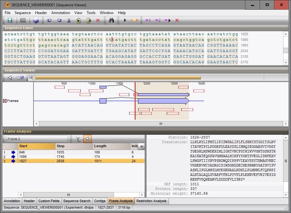 4. Frame analysis 3 the right panel. 3. Click on the Header tab. The EMBL description fields are displayed in the Header tab.