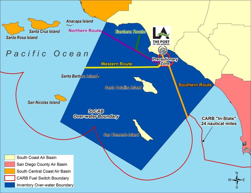 The SoCAB over-water boundary extends from the Ventura and Orange County lines to the western edge of the California Waters (blue box), as presented in Figure ES.