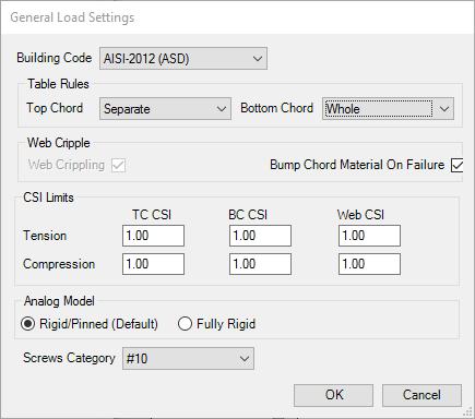 1 General The General tab details the Building Code used. At this time only AISI 2012 is supported. You are given the option to Separate the Top and Bottom Chord or keep them Whole.