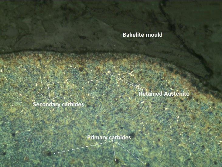Microstructure of SCT Tempered at 450 C For subzero treated sample the retained austenite present was observed to be less than 2%. The retained austenite found as shown in Fig.