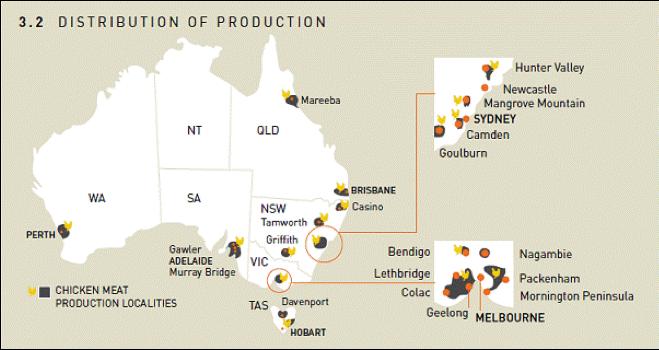 Figure 1 shows the main litter production regions. Figure 1. Distribution of meat chicken production in Australia (ACMF 2011). In 2013/14, Australia produced 580 million meat chickens.