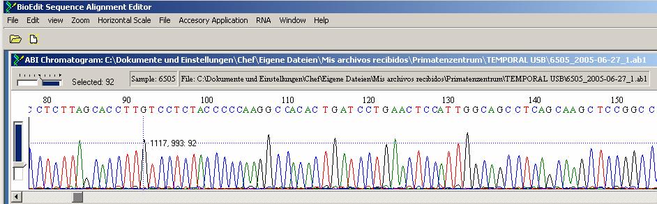 Methods 53 Figure 4.11: Sequencing electropherogram of a DNA fragment from a BAC clone. The sequence was performed in the ABI 3100. Sequence analysis was viewed with bioedit equipped with editview 1.