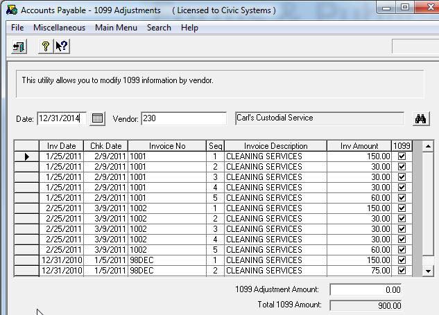 Accounts Payable Year-End Processing Marking Invoices as 1099 Invoices a. Select Miscellaneous 1099 Adjustments. b. Enter applicable vendor number.