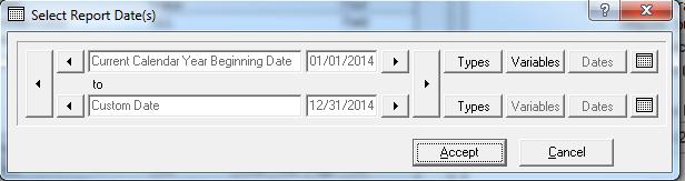 Update to correct year From the Select Report Dates box choose the correct date either from the calendar, or by selecting the applicable Types. Select the current calendar year-end date.
