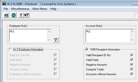 Accounts Payable Year-End Processing b. Deselect the W-2 Employee Information check box. c. Click GO. d. Verify printer settings and click Print. e. Address all checkout errors before proceeding.