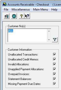 Accounts Receivable Year-End Processing 9. Select Miscellaneous Checkout. This function will check customer information as shown: a. Click GO. b.