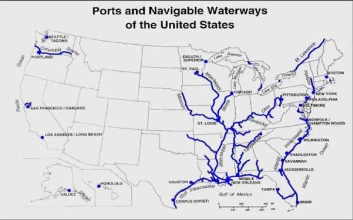 US system is unique, with natural waterway resources 40,000 km of navigable rivers Mississippi River and tributaries funnel in excess of 65 mmt