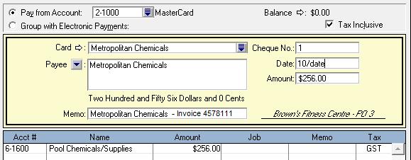 Entering Credit Card Payments using Spend Money The following invoices were paid by credit card. The invoices will not be recorded in purchases. [Add invoice number to Memo.