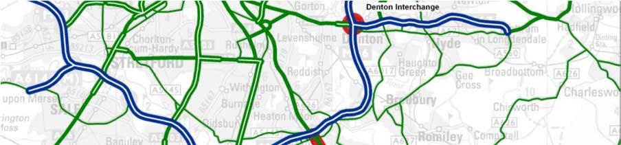 69 The M67/A57 interchange in Denton; and The A6 through Stockport.