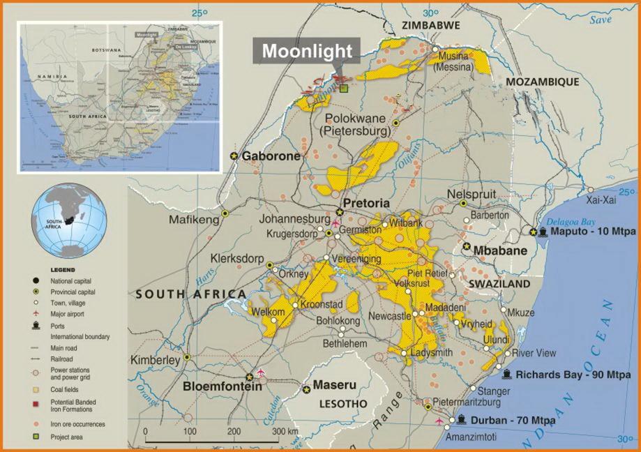 Moonlight Iron Ore Project The Moonlight deposit is located 360km north of Johannesburg, 150km north-west of Polokwane.