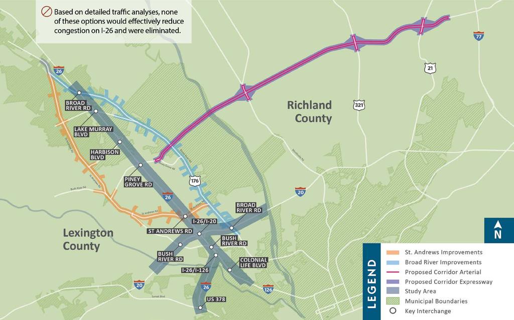 Since the majority of the traffic congestion and safety concerns occur at or near the interchange locations along the I-20/26/126 corridor, the Project Team opted to initially focus on the