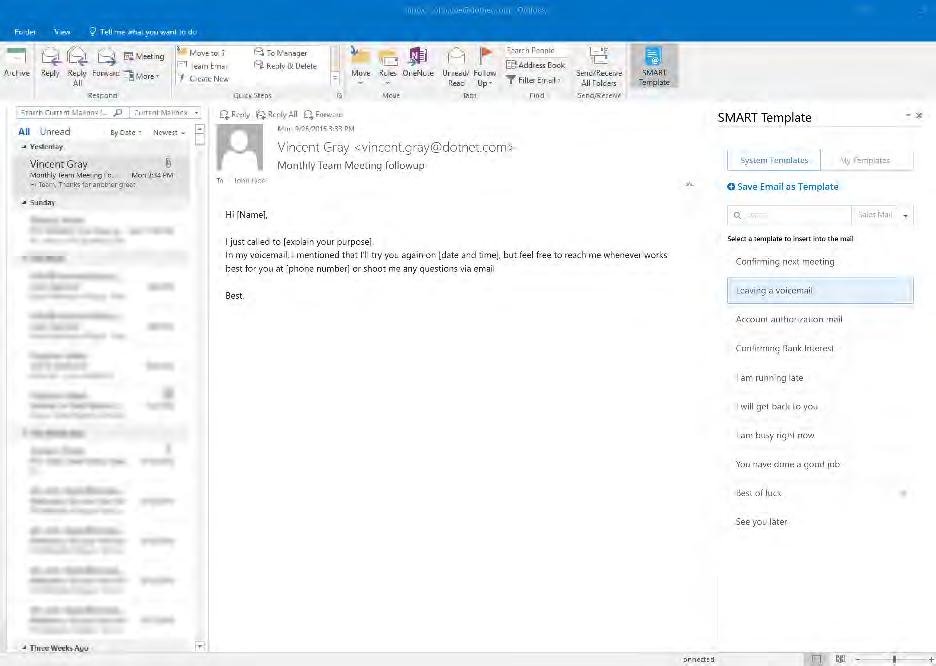 Smart Template Outlook add-in Office365 add-in for Outlook Office365, Azure, JSOM, JavaScript, CSOM, C#, AzureSQL, Bootstrap An add-in for Outlook with a rich collection of business email templates