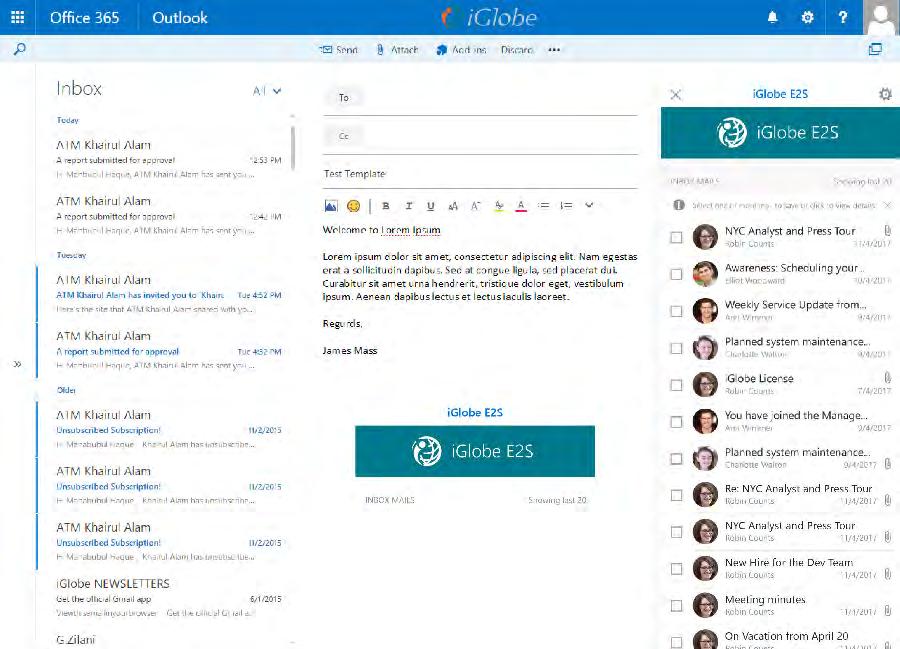 iglobe E2S Outlook add-in Office365 add-in for Outlook SharePoint, Office 365, FabricUI, JavaScript, Azure SQL, C#, JSOM.