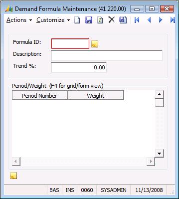 Task Guidelines 59 To define or update a demand formula: 1. In Inventory Replenishment, open Demand Formula Maintenance (41.220.00) in grid view. Figure 2: Demand Formula Maintenance (41.220.00) 2.