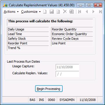 84 Inventory Replenishment Calculating Replenishment Values for Inventory Sites You use Calculate Replenishment Values (41.450.00) to calculate replenishment values for inventory sites.