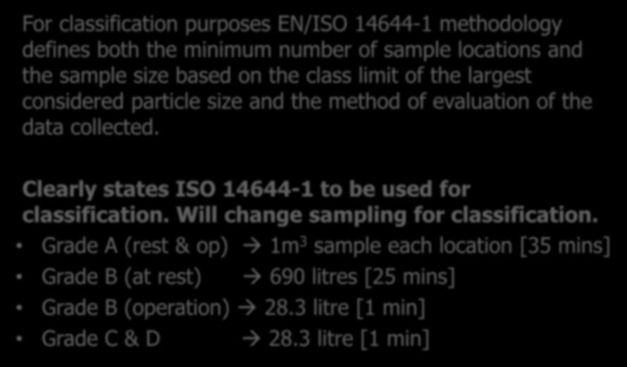 Annex 1 Sample size Basis for Classification For classification purposes EN/ISO 14644-1 methodology defines both the minimum number of sample locations and the sample size based on the class limit of