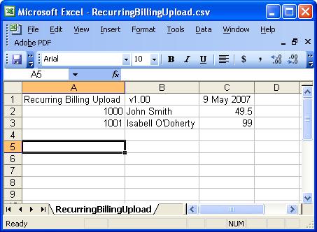 20.4 Sample File The following sample file contains two payments for customers with numbers 1000 and 1001 12. Recurring Billing Upload, v1.00,9 May 2007 1000,"John Smith",49.