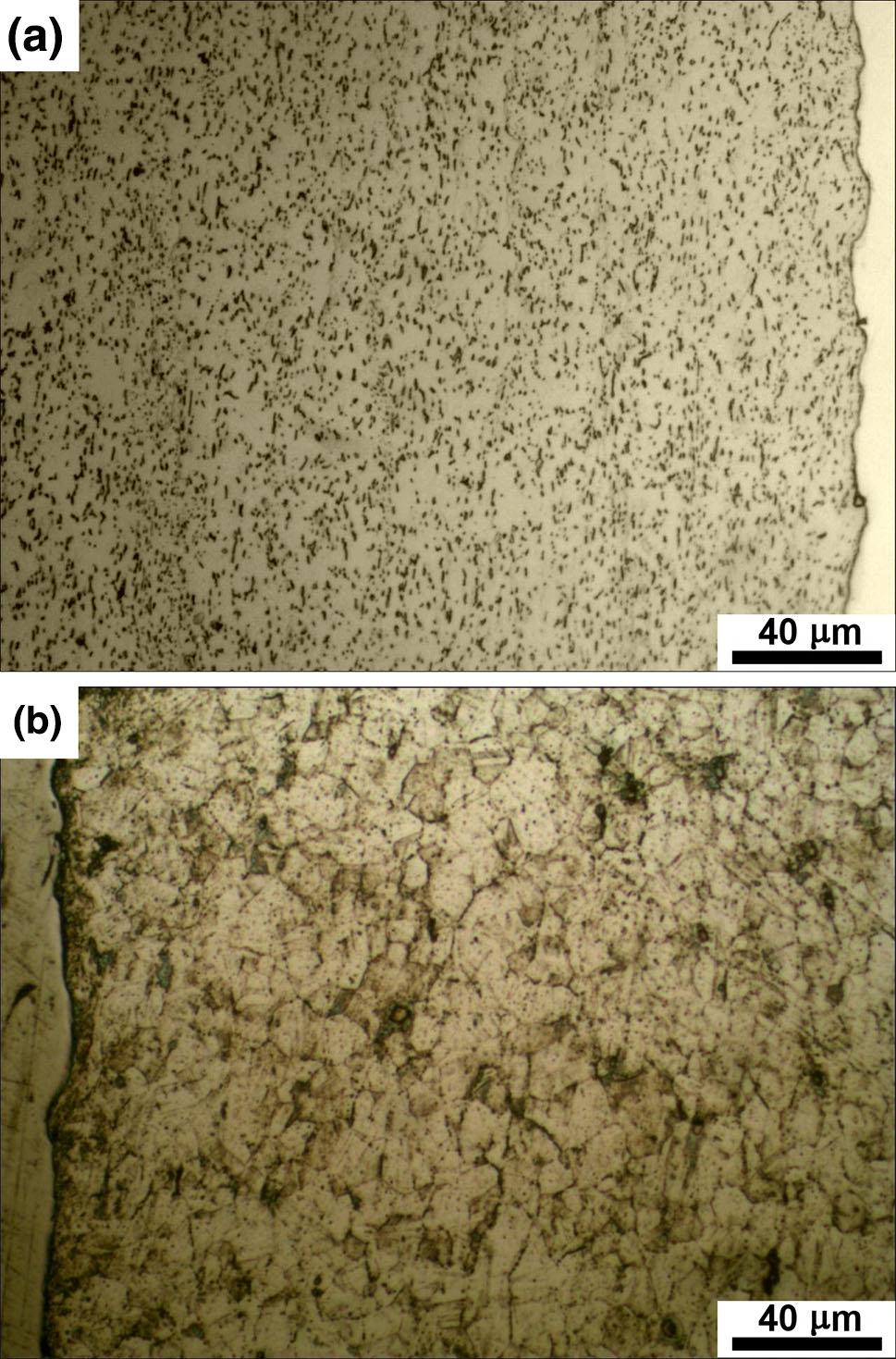Fig. 2 The microstructures and the joint zone of the bimetallic Ti6Al4V/Inconel 625 sheets joined by the explosive method: (a) Ti6Al4V, (b) Inconel 625, light microscopy The microstructures and the
